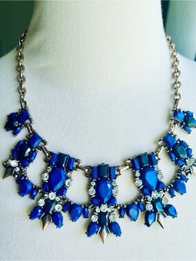 Royal blue rhinestone silver necklace statement piece